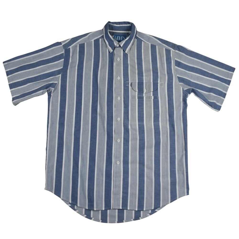 Vintage Levi's Mens M Button Up Shirt Short Sleeve Blue Striped 90s Grandpacore